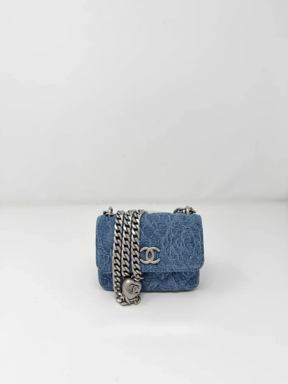 Chanel Denim Quilted Camellia SweetHeart Clutch with Chain